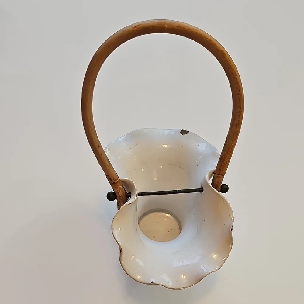Vintage Hand Painted Italy Made Ceramic Basket with Wicker Bamboo Handle Rustic